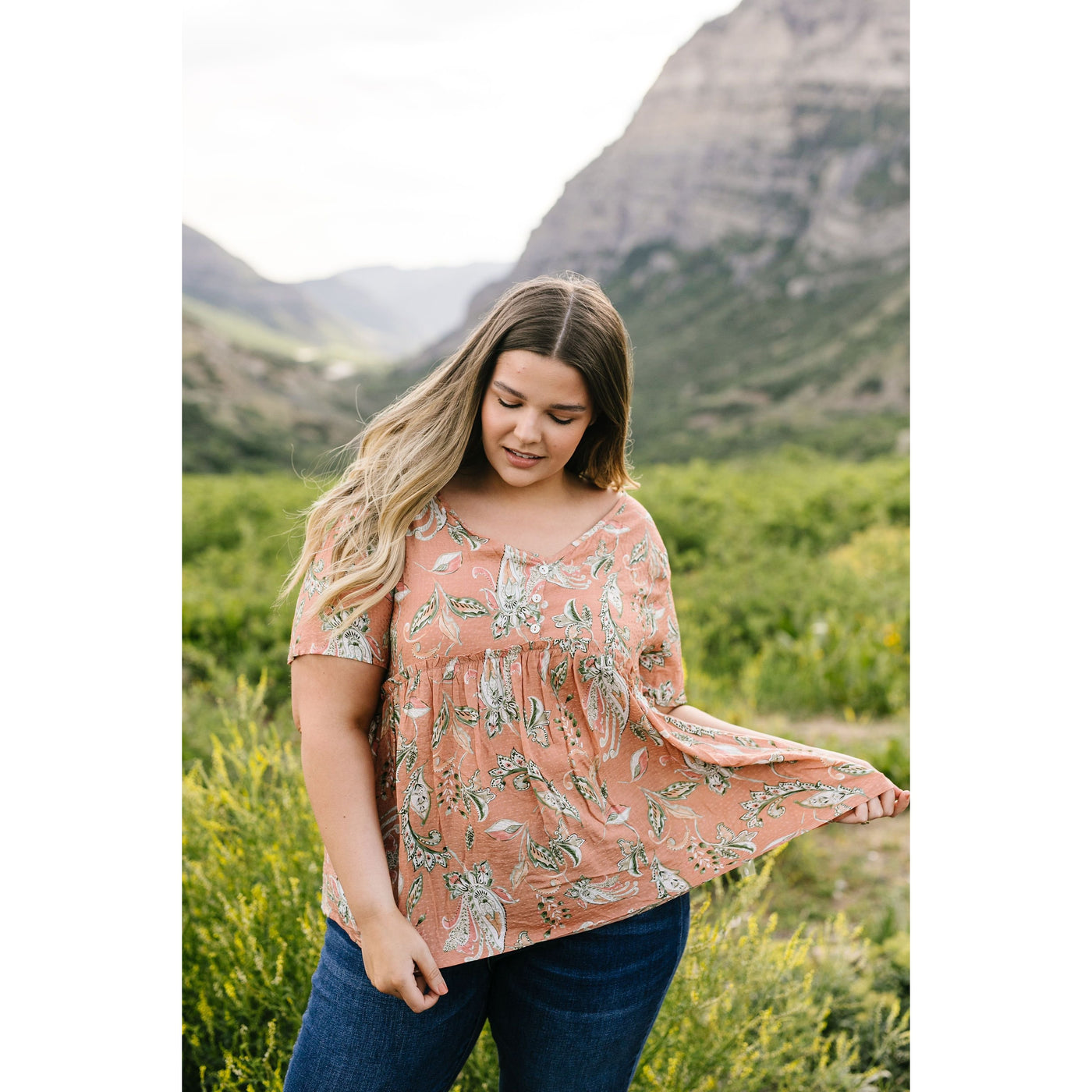 Bliss Swiss Dot Floral Top In Apricot-W Top-Graceful & Chic Boutique, Family Clothing Store in Waxahachie, Texas