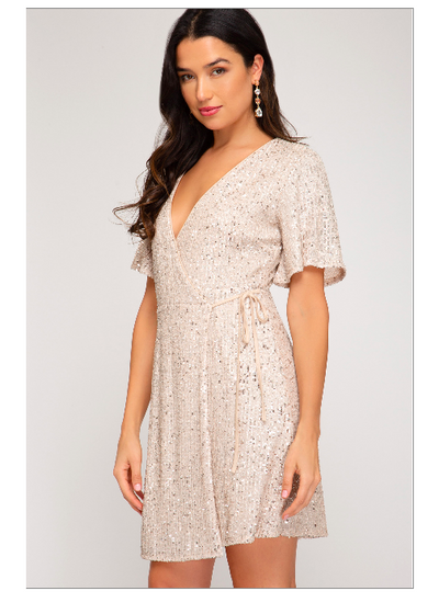 CREAM HALF SLEEVE SURPLICE SEQUIN WRAP DRESS-W Dress-Graceful & Chic Boutique, Family Clothing Store in Waxahachie, Texas