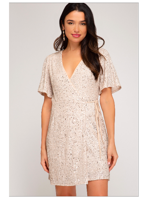 CREAM HALF SLEEVE SURPLICE SEQUIN WRAP DRESS-W Dress-Graceful & Chic Boutique, Family Clothing Store in Waxahachie, Texas