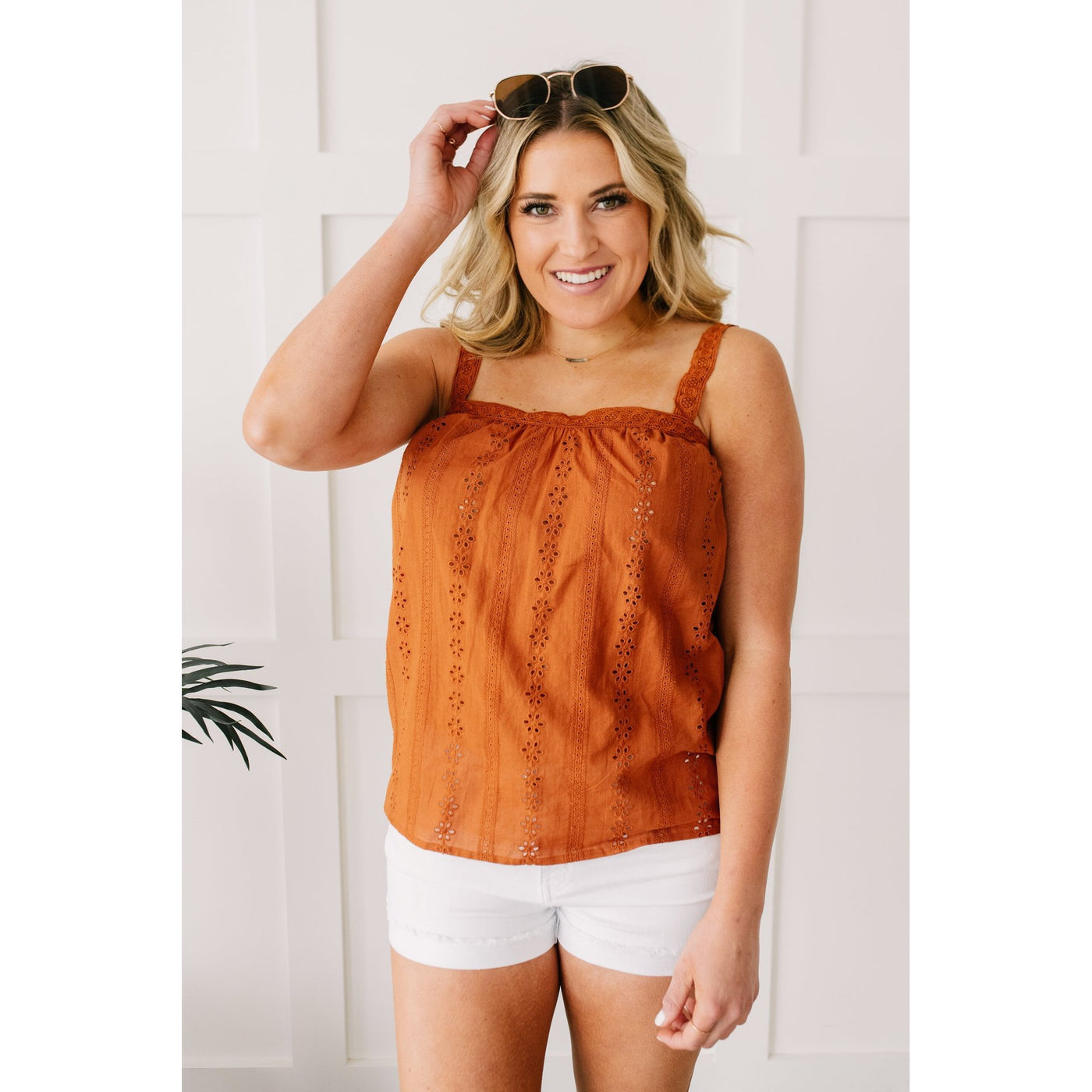 Eyelet You Know Camisole In Cinnamon-W Top-Graceful & Chic Boutique, Family Clothing Store in Waxahachie, Texas