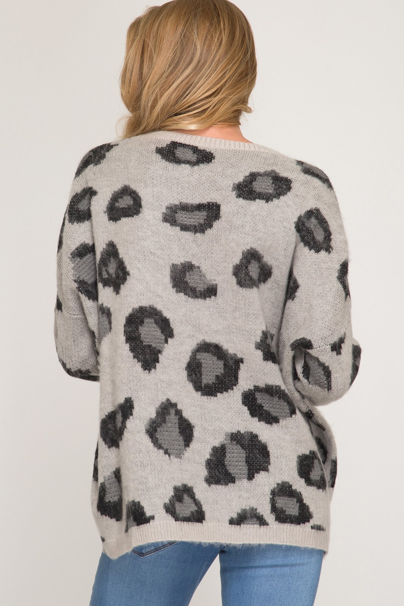 GREY LONG SLEEVE LEOPARD PULLOVER SWEATER-W Top-Graceful & Chic Boutique, Family Clothing Store in Waxahachie, Texas