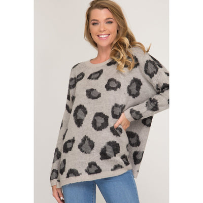 GREY LONG SLEEVE LEOPARD PULLOVER SWEATER-W Top-Graceful & Chic Boutique, Family Clothing Store in Waxahachie, Texas