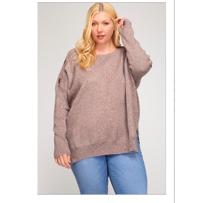 MOCHA LONG SLEEVE TWO TONED YARN HI LOW SWEATER TOP WITH BUTTONED SHOULDER DETAILS-W Top-Graceful & Chic Boutique, Family Clothing Store in Waxahachie, Texas