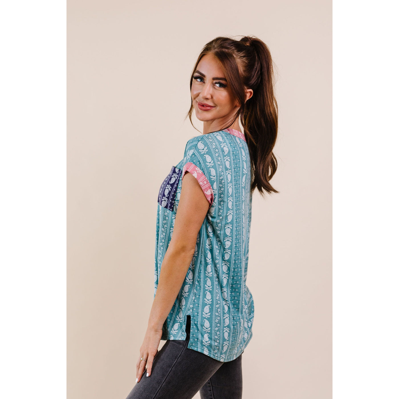 Paisley Block Party Top In Teal-Womens-Graceful & Chic Boutique, Family Clothing Store in Waxahachie, Texas