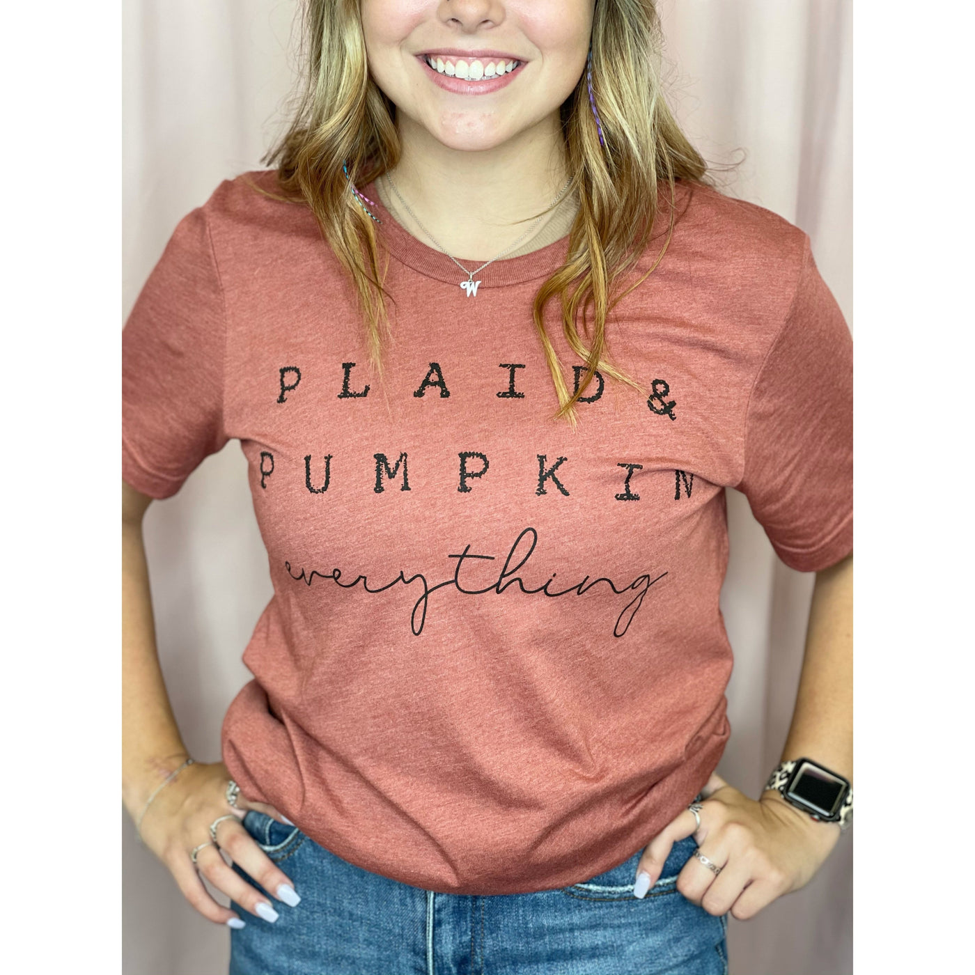 Plaid & Pumpkin Tee in Clay-Graceful & Chic Boutique, Family Clothing Store in Waxahachie, Texas