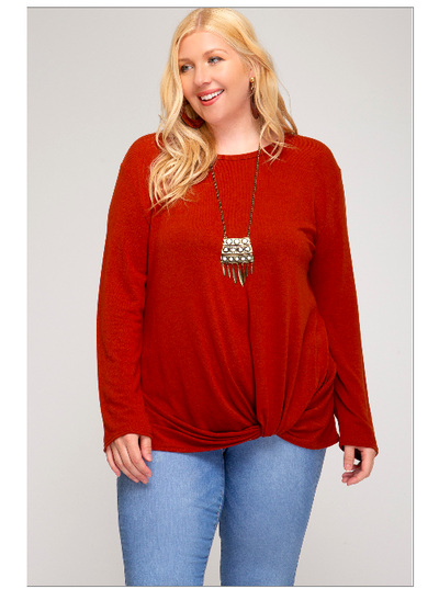 RUST LONG SLEEVE KNIT TOP WITH FRONT SIDE TWIST DETAIL-W Top-Graceful & Chic Boutique, Family Clothing Store in Waxahachie, Texas