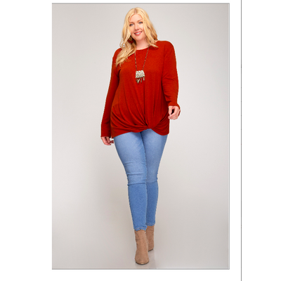 RUST LONG SLEEVE KNIT TOP WITH FRONT SIDE TWIST DETAIL-W Top-Graceful & Chic Boutique, Family Clothing Store in Waxahachie, Texas