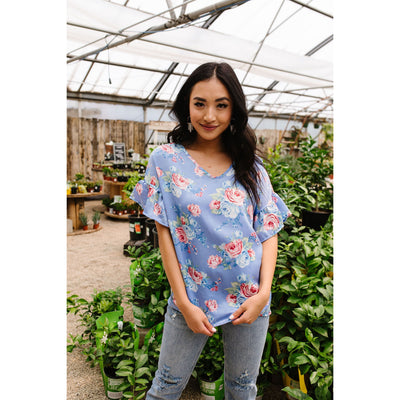 Satin Rose Blouse In Blue-W Top-Graceful & Chic Boutique, Family Clothing Store in Waxahachie, Texas