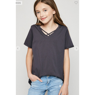 Shannon V-Neck Criss Cross Tee in Charcoal | The Perfect Pair-G Top-Graceful & Chic Boutique, Family Clothing Store in Waxahachie, Texas