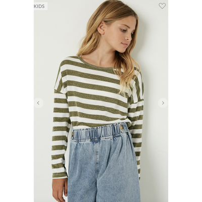 Shanna Girls Drop Shoulder Stripe Knit Top in Olive | The Perfect Pair-G Top-Graceful & Chic Boutique, Family Clothing Store in Waxahachie, Texas