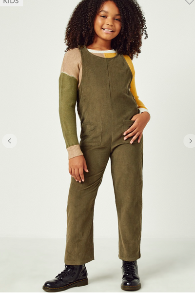Stella Girls Patch Pocket Button Detail Corduroy Overalls in Olive | The Perfect Pair-G Top-Graceful & Chic Boutique, Family Clothing Store in Waxahachie, Texas