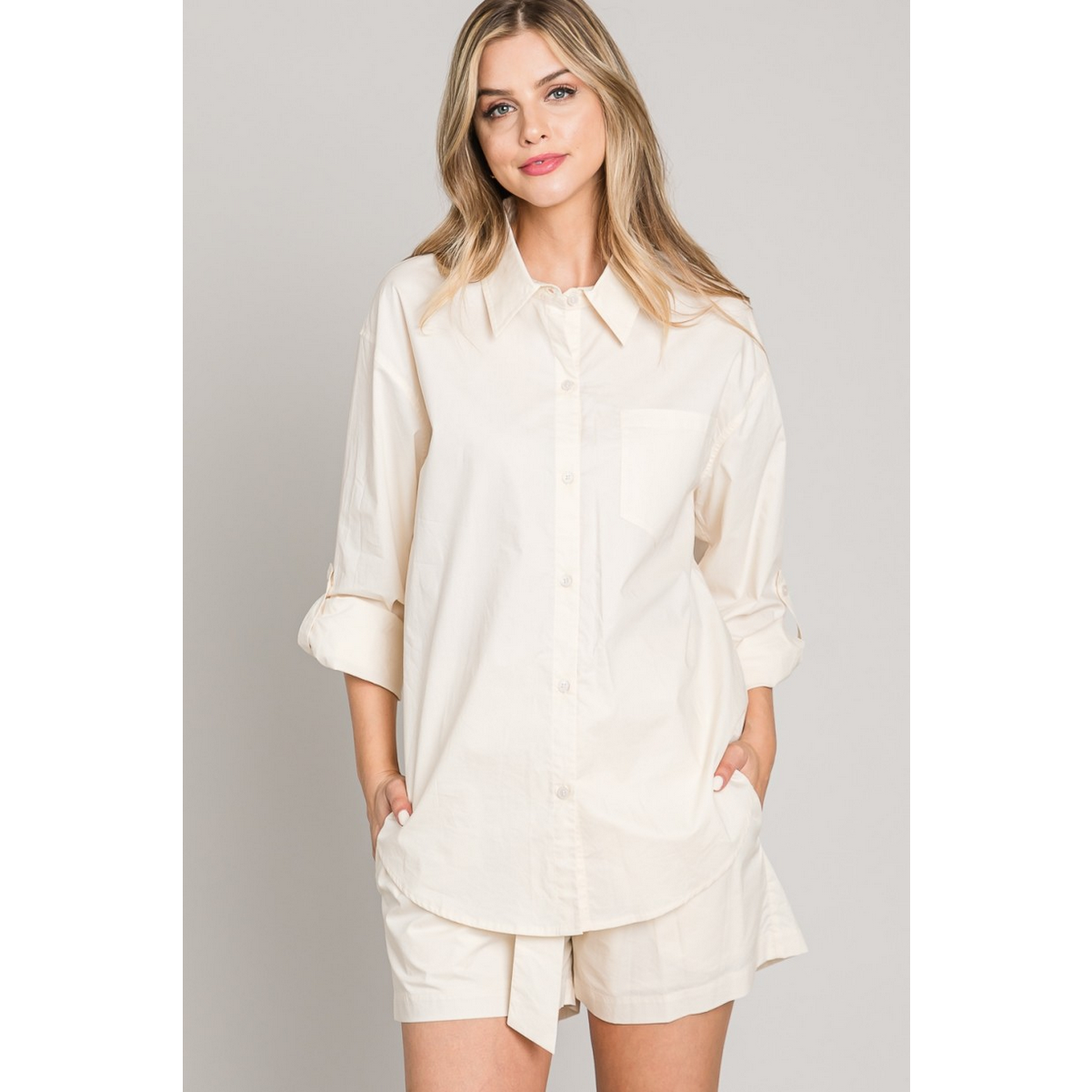 Suzann Light Poplin Shirt in Sand-W Top-Graceful & Chic Boutique, Family Clothing Store in Waxahachie, Texas