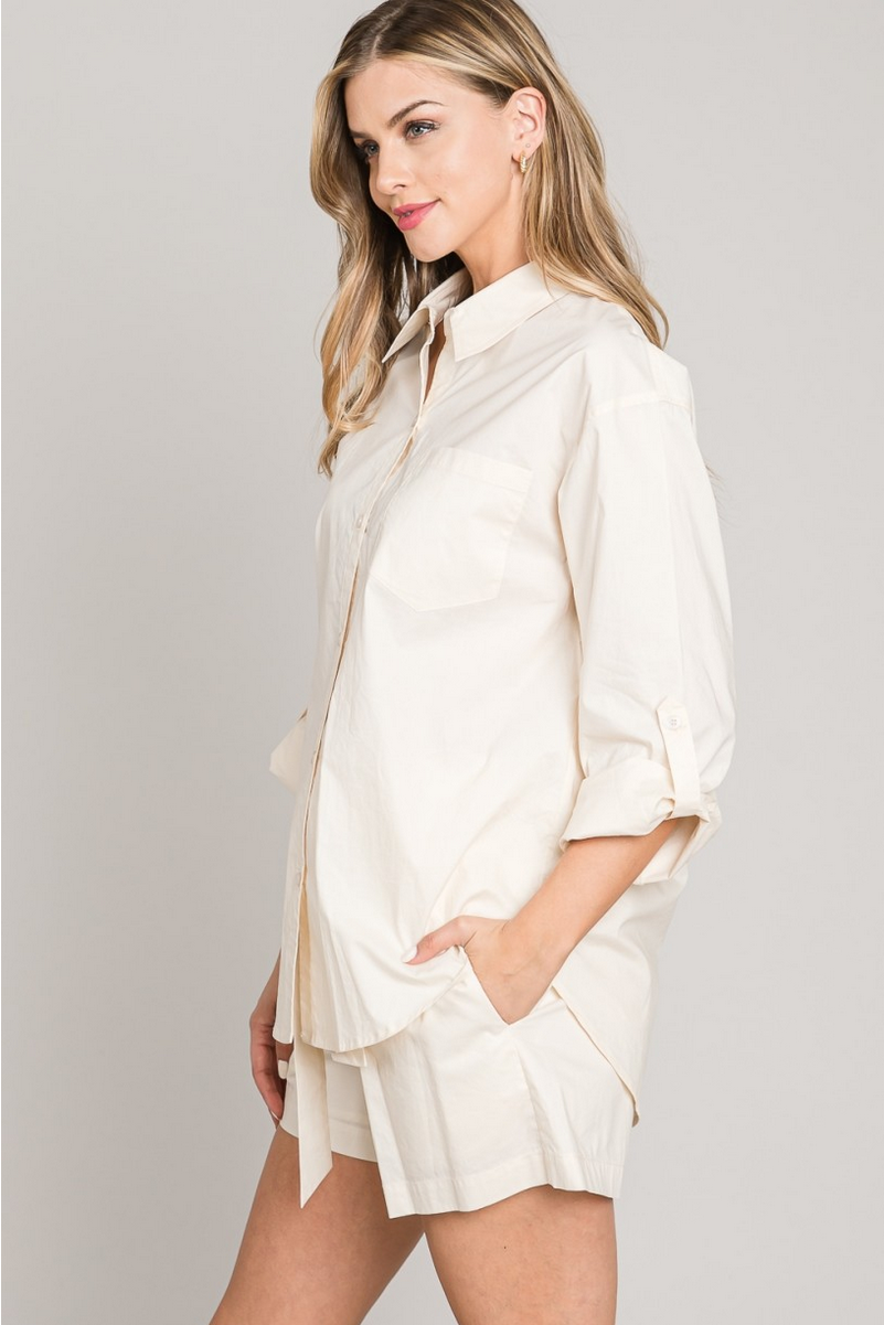Suzann Light Poplin Shirt in Sand-W Top-Graceful & Chic Boutique, Family Clothing Store in Waxahachie, Texas