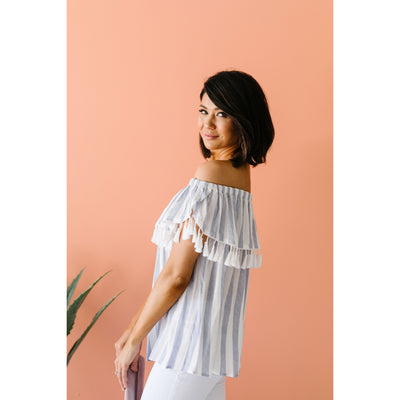 Stripes N Tassels Off Shoulder Blouse-Womens-Graceful & Chic Boutique, Family Clothing Store in Waxahachie, Texas
