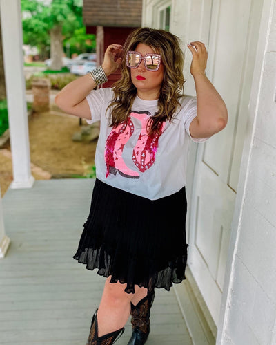 Pink Fringe Boots Tee-Tops-Graceful & Chic Boutique, Family Clothing Store in Waxahachie, Texas