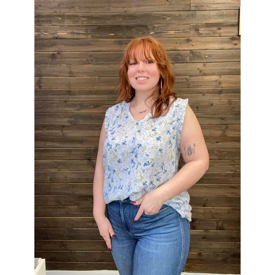 Cari Sleeveless Top with Ruffle - Blue Floral-W Top-Graceful & Chic Boutique, Family Clothing Store in Waxahachie, Texas