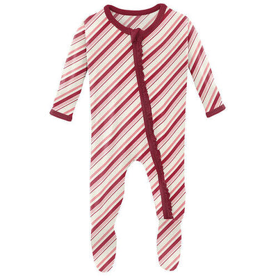 Girl's Muffin Ruffle Print Footie with Zipper - Strawberry Candy Cane Stripe - KicKee Pants-I Footie-Graceful & Chic Boutique, Family Clothing Store in Waxahachie, Texas